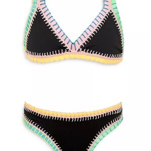 PQ Swim : Black Triangle Bikini with Multicolor Embroidered Trim (size 10)